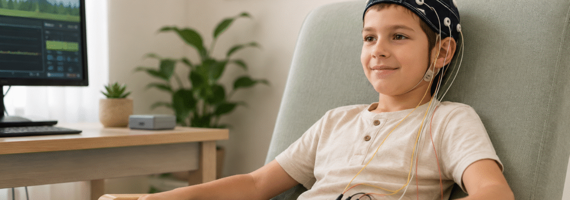 Boy sitting in a chair wearing an EEG cap with wires connected to a small device on his lap in a living room with a desk nearby
