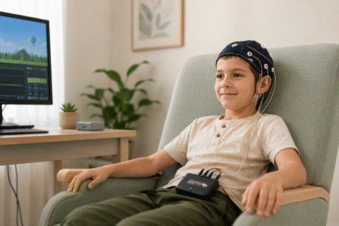 Boy sitting in a chair wearing an EEG cap with wires connected to a small device on his lap in a living room with a desk nearby