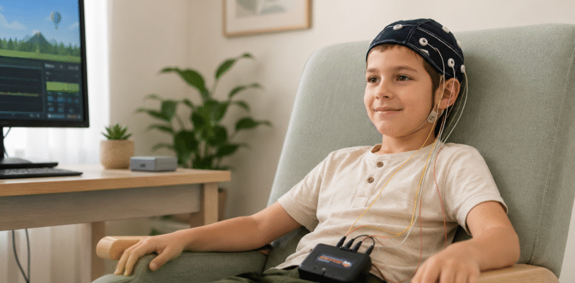 Boy sitting in a chair wearing an EEG cap with wires connected to a small device on his lap in a living room with a desk nearby